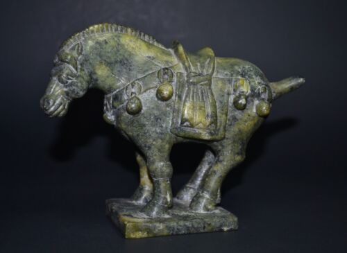 Vintage Chinese Carved Green Hard Stone Old Tang Horse Statue Figurine 