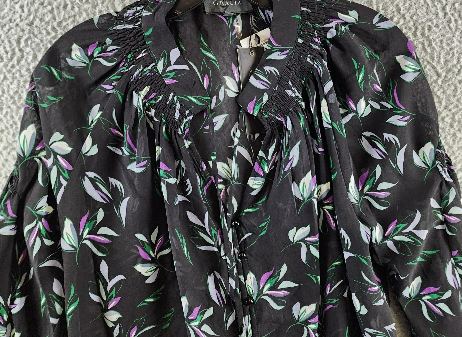 Gracia Floral Button Front Blouse Women's M Black Multi Shirred Long Sleeve - Picture 3 of 14