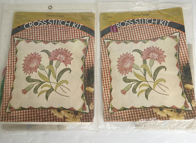 TWO 2 Pauline Denham Cross Stitch Pillow Kit Carnations 6156 Linen NOS 1973 NEW