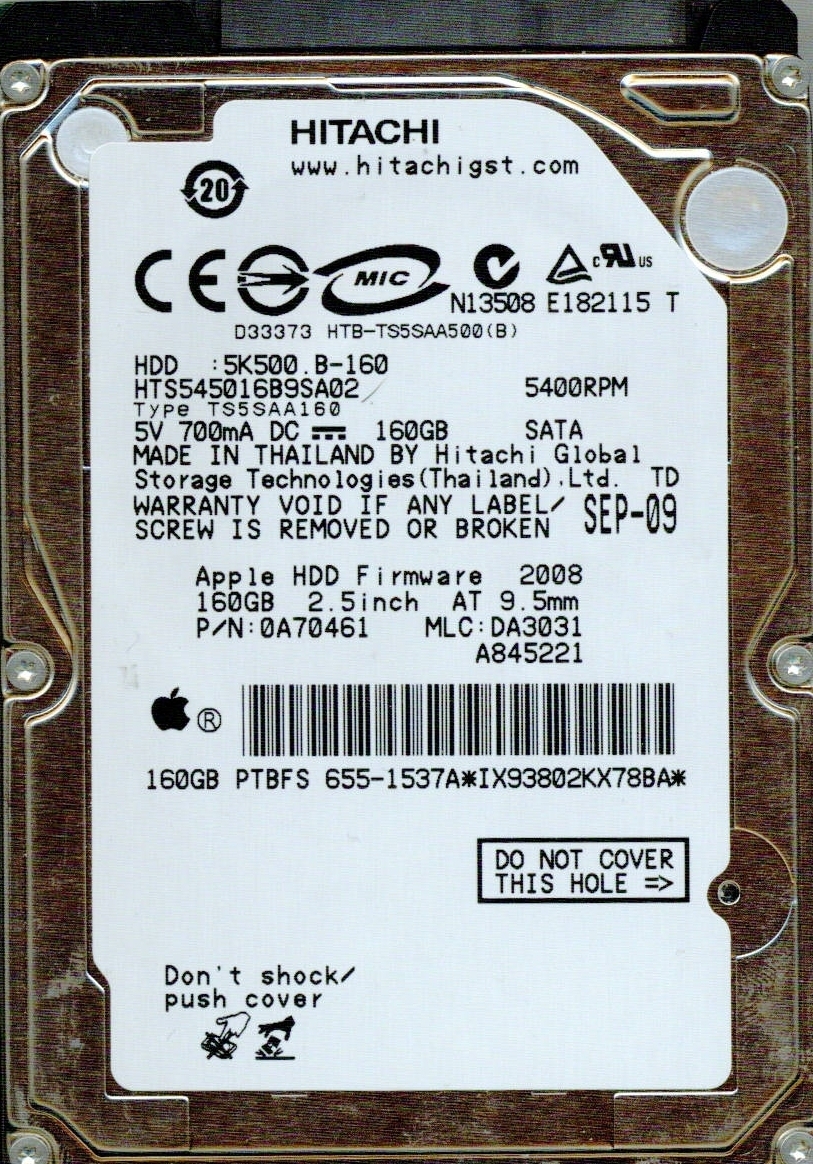 HTS545016B9SA02 P/N: 0A70461 MLC: DA3031 HITACHI SATA 160GB
