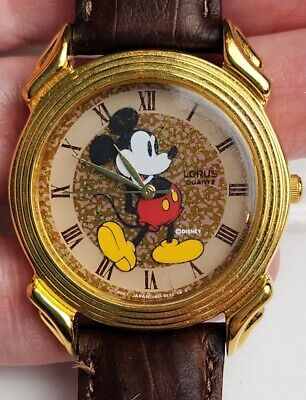 Vintage Disney Mickey Mouse Watch Lorus Quartz Gold Tone Leather Band