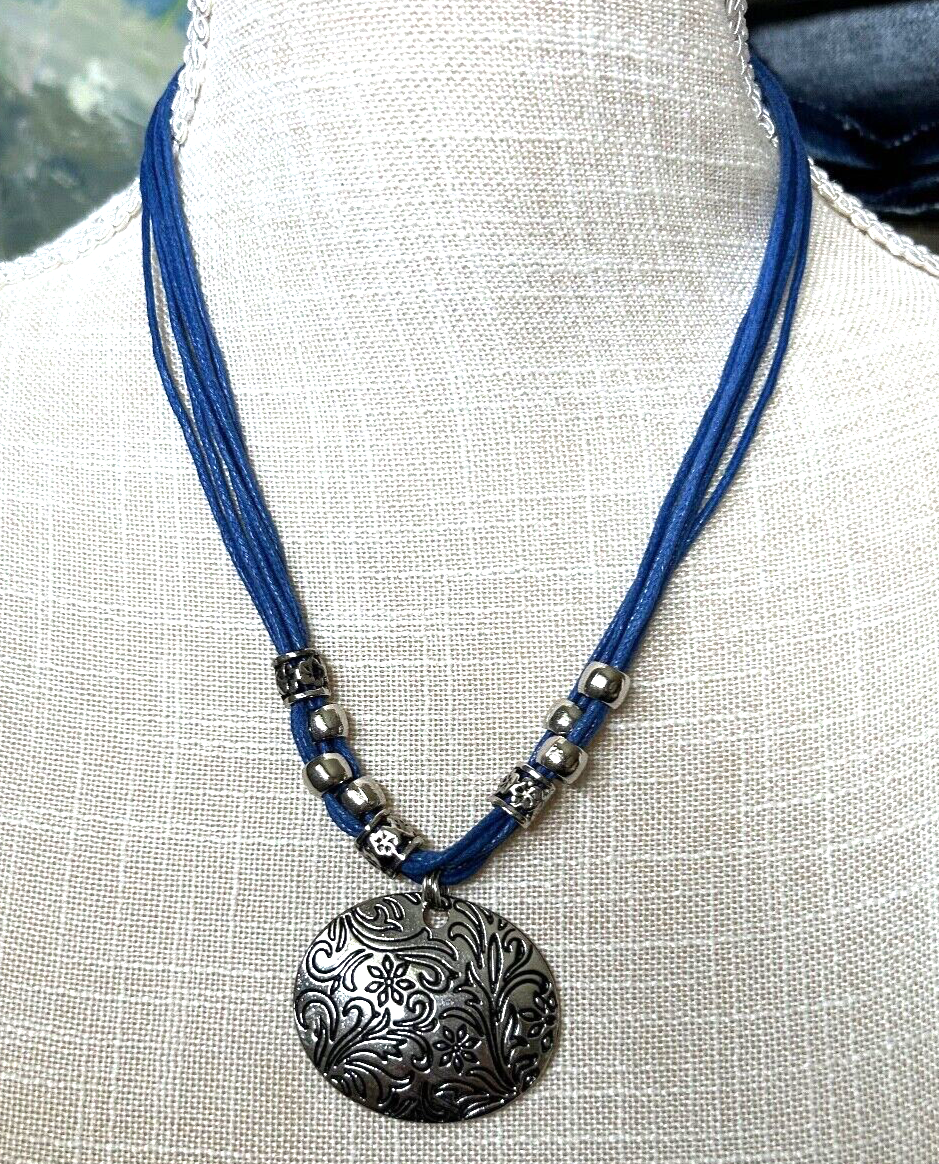 NWOT Deja Vu Bijou Necklace Blue Cord with Silver Tone