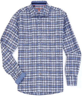 Visconti Leaf Print Plaid Long-Sleeve Woven Shirt Blue Size 3XLB