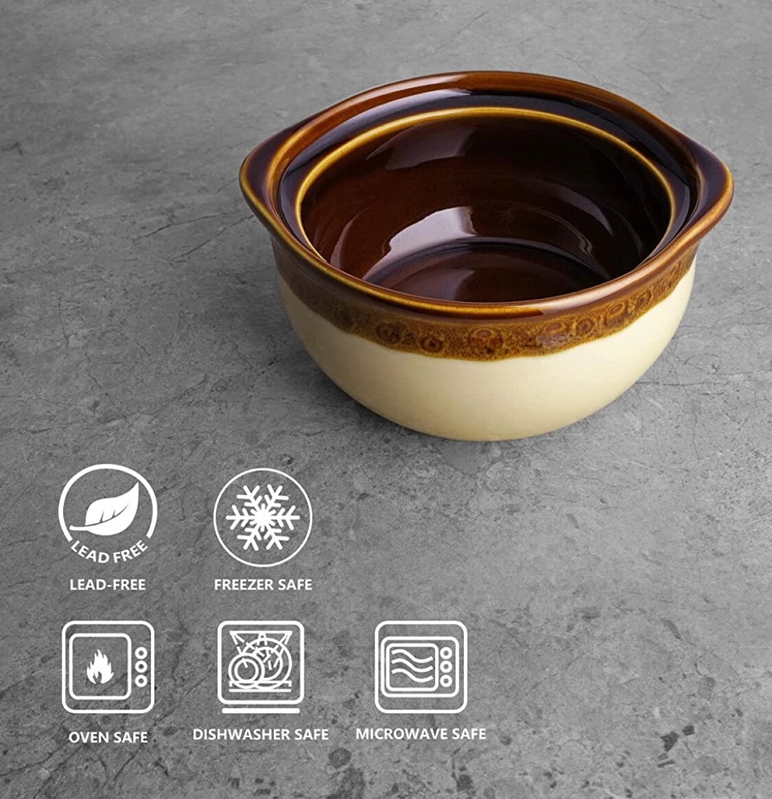 Set of 4 French Onion Soup Crocks 12 oz Brown & Ivory Ceramic Porcelain Bowls