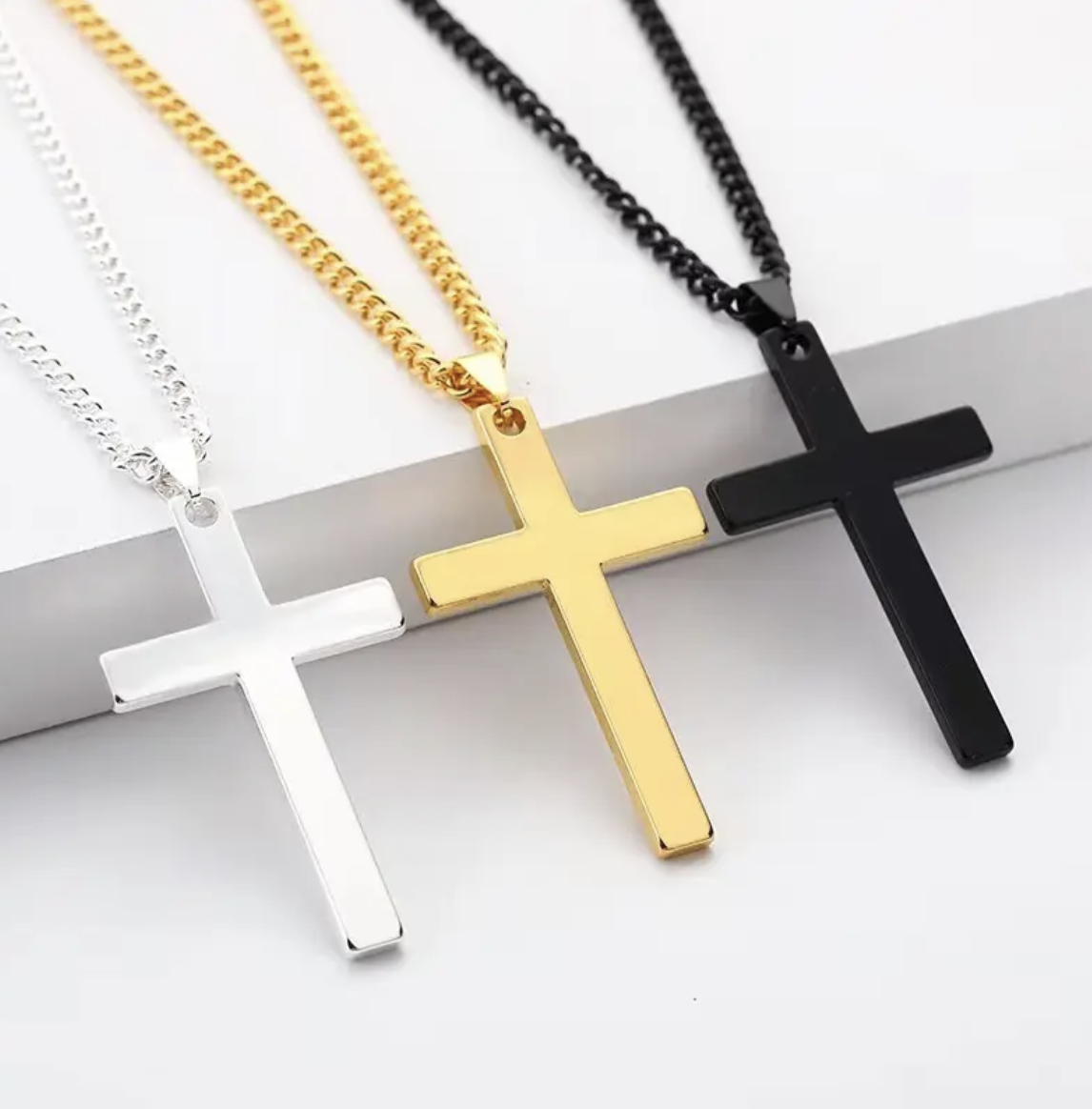 Cross Pendant Necklace Stainless Steel Silver Gold Men Women Cuban Chain