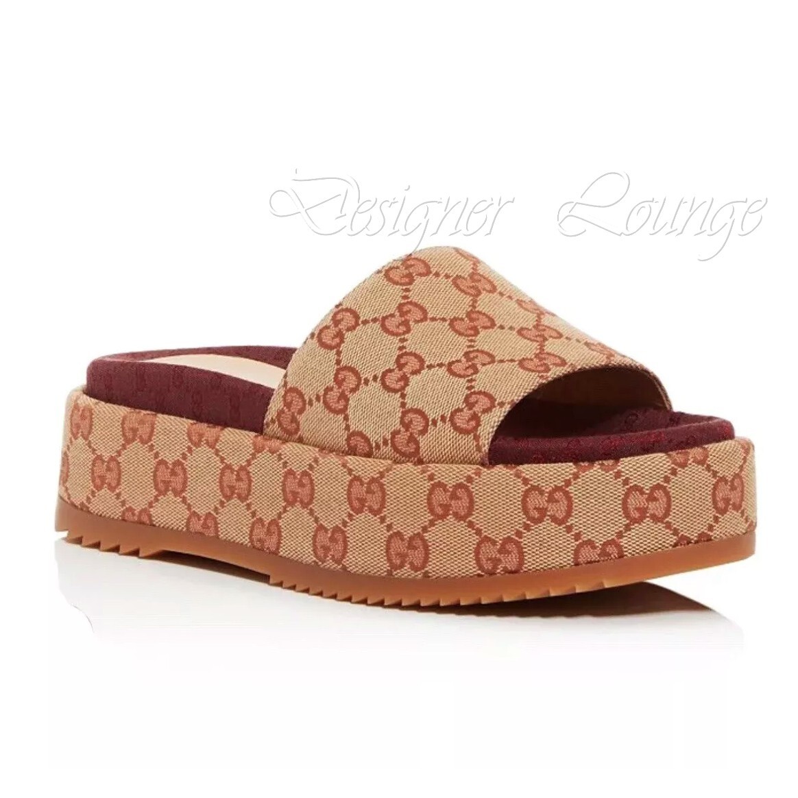 Pre-owned Gucci Angelina Gg Beige Monogram Platform Slide Sandals Size Eu 38 Us 8