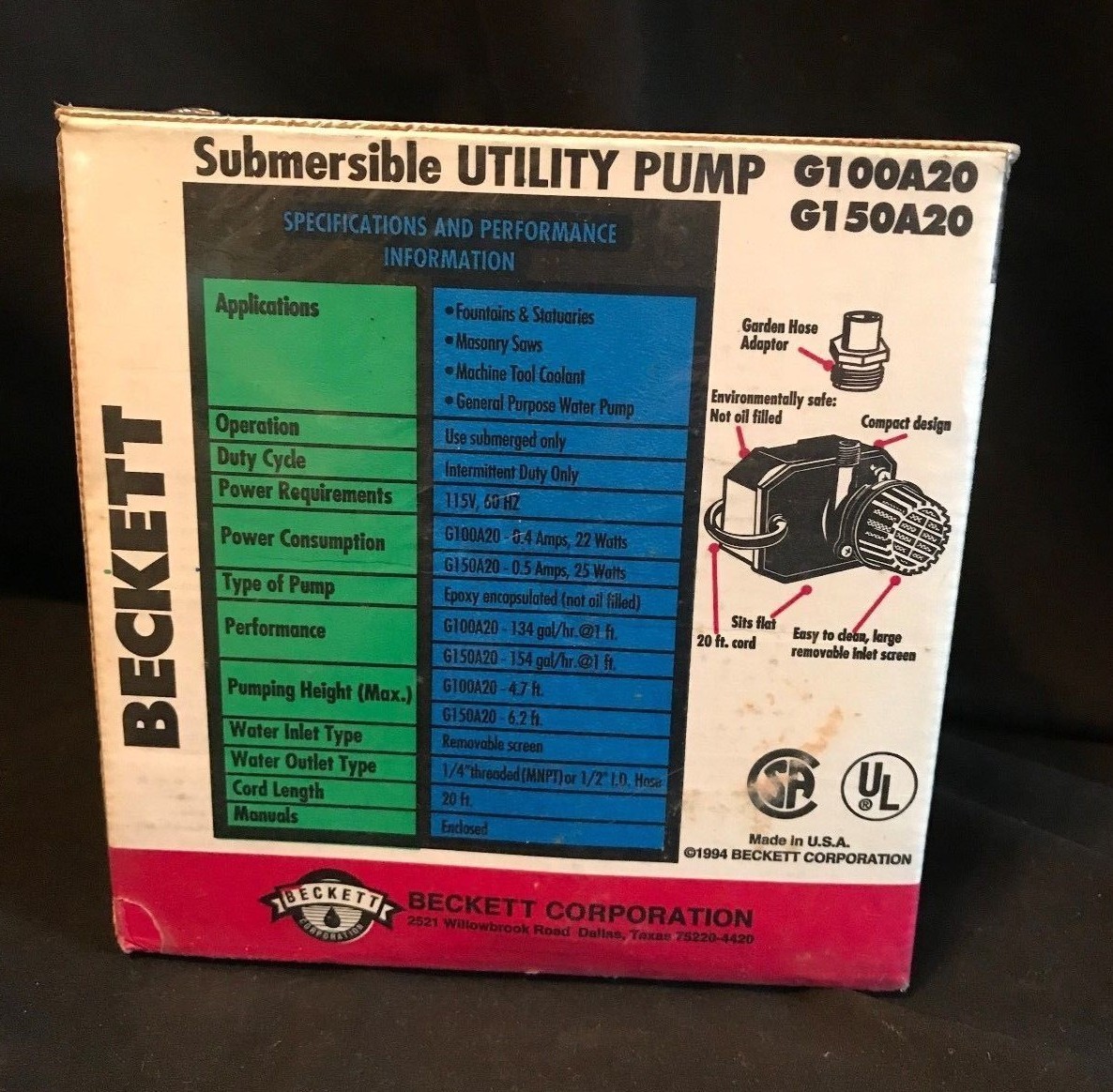 Beckett G150A20 Versa Series Submersible Pump New in Box 154 GPH Pump (A017)