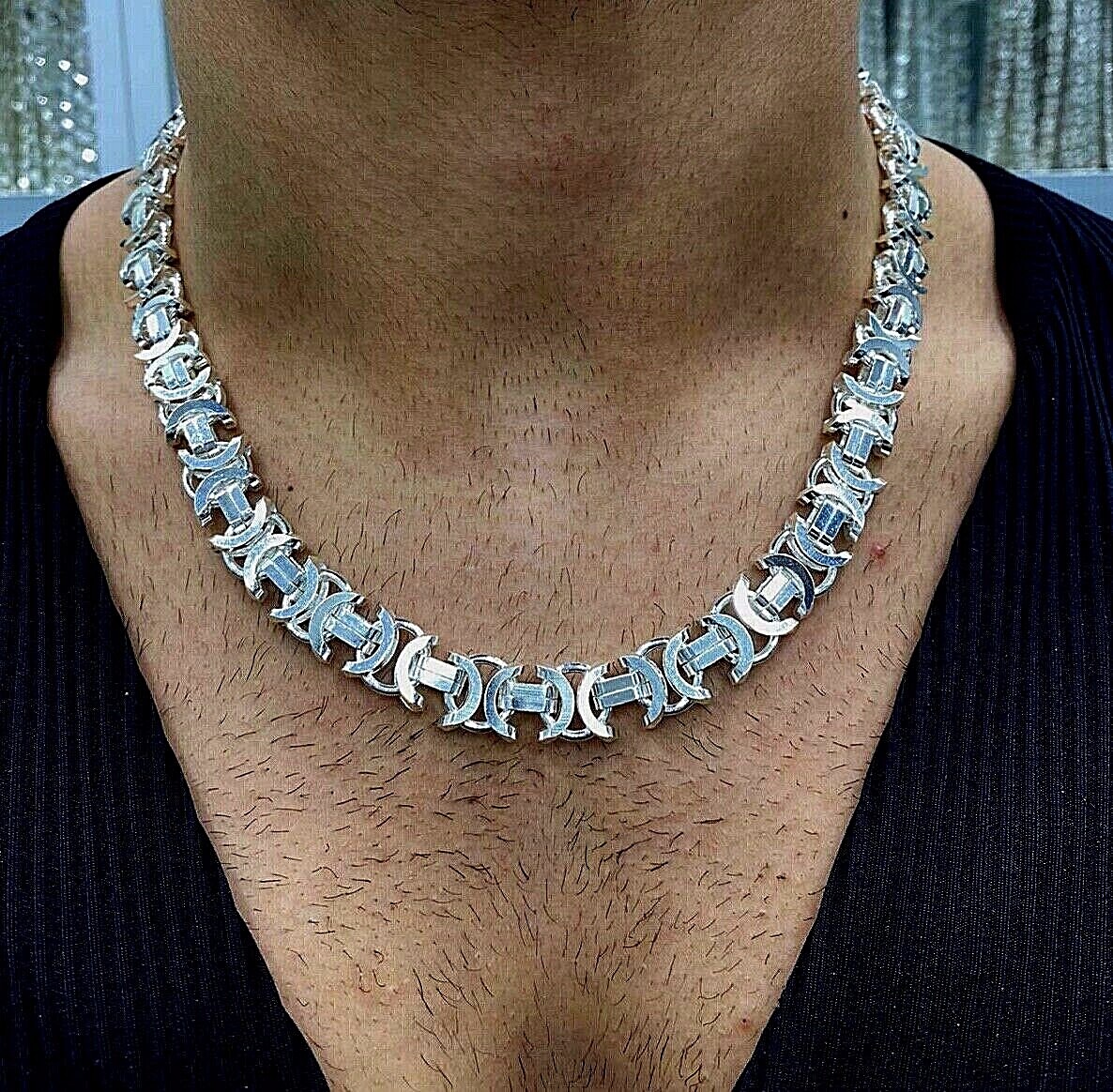 Pre-owned Handmade Mens Flat Byzantine Necklace King Chain 925 Sterling Silver 13mm 152gr 22"
