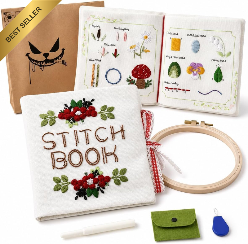 Beginner Embroidery Stitch Book with Fabric Pages, 32 Essential Stitches in Stru