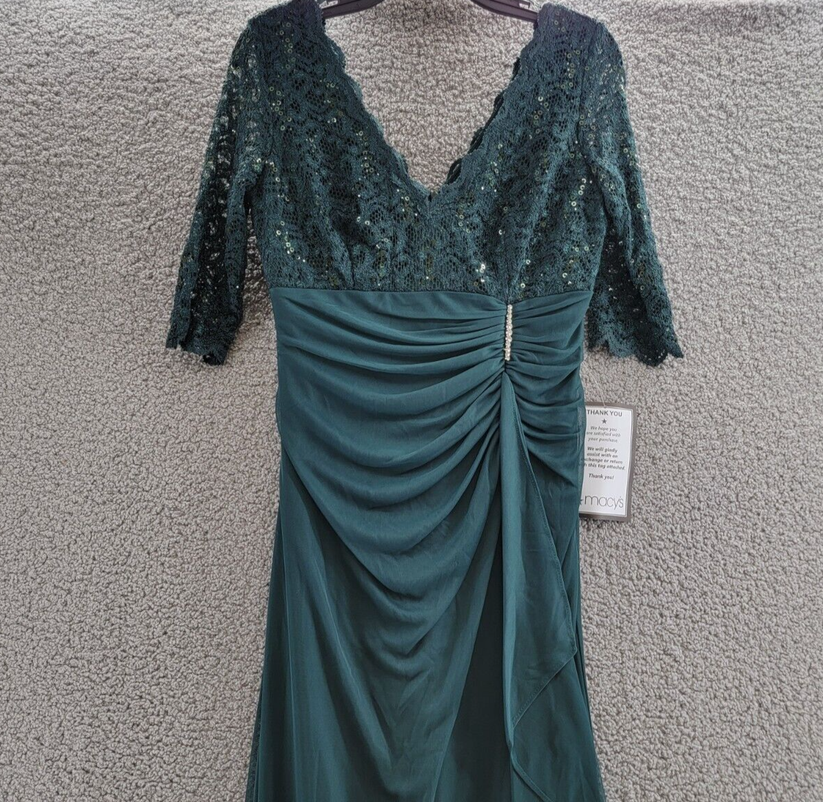 Betsy & Adam Lace-Top Waterfall-Detail Gown Women's 8 Pine Back Zip Closure - Picture 3 of 18