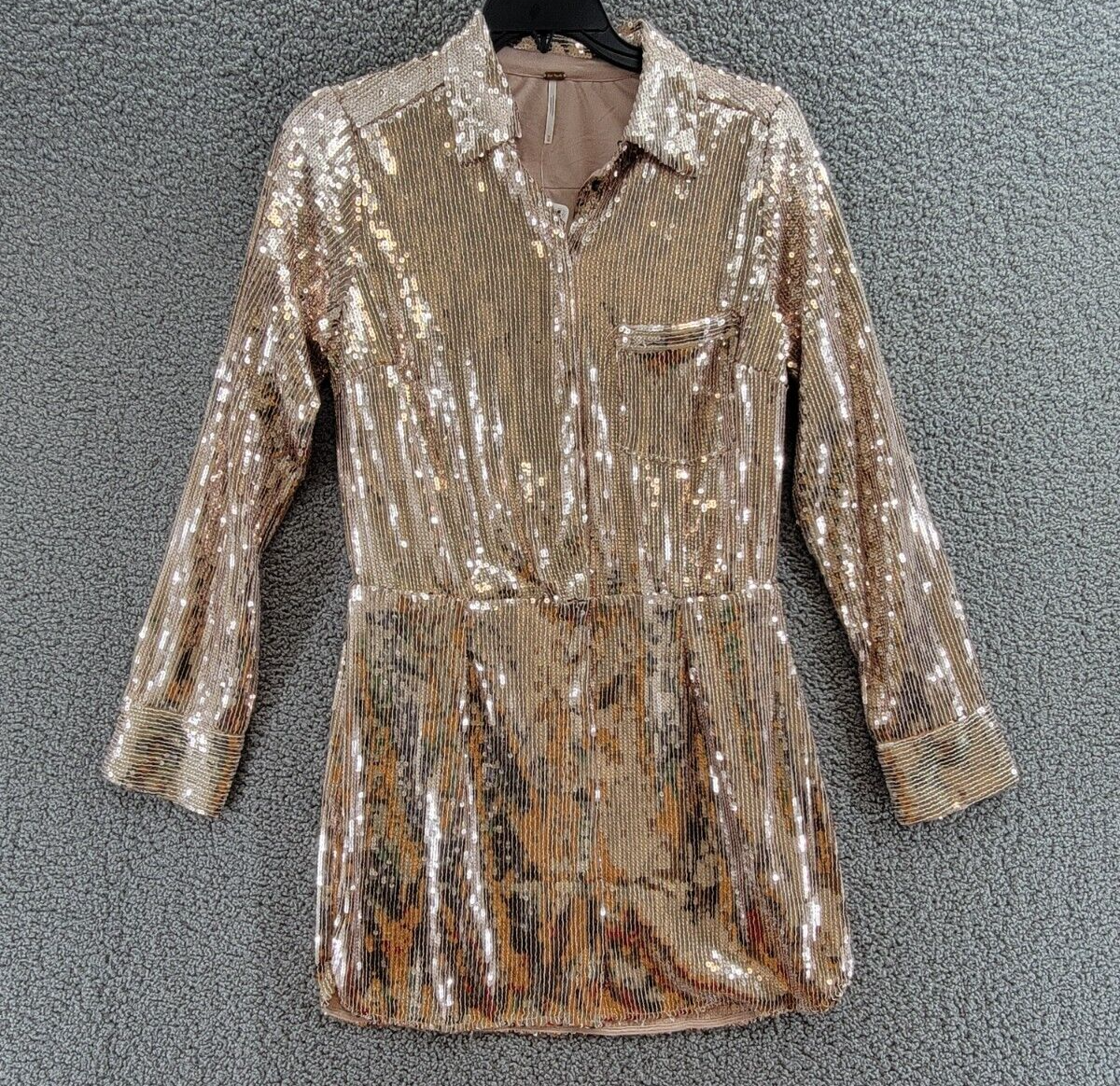 Free People Sophie Sequined Mini Shirtdress Women's M Champagne Snap Closure L/S - Picture 2 of 19