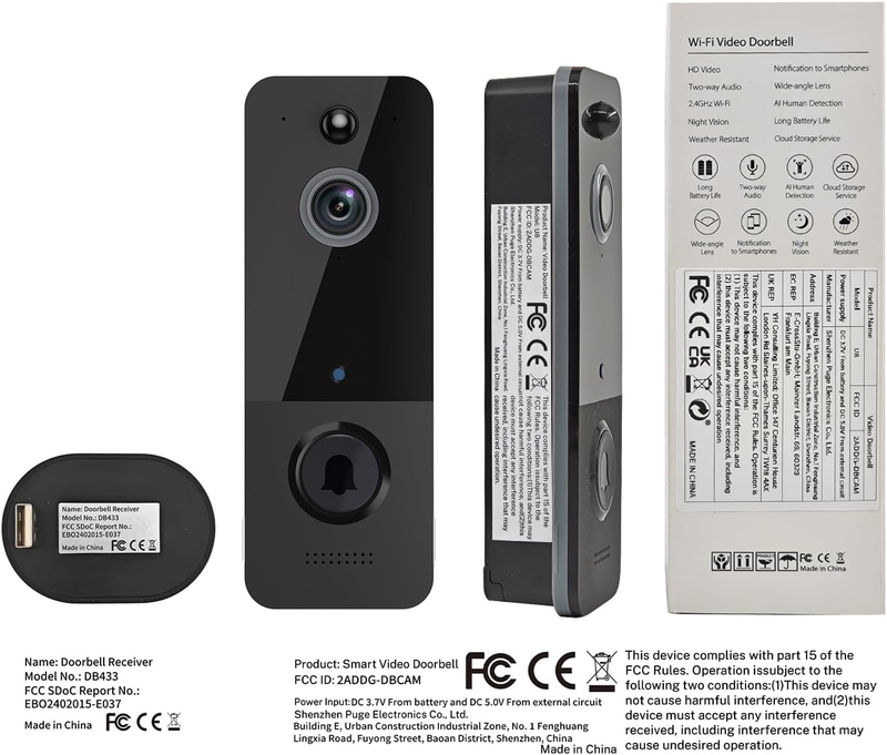 Smart Video Doorbell Camera Wireless with Ring Chime, AI Human Detection, 2-Way