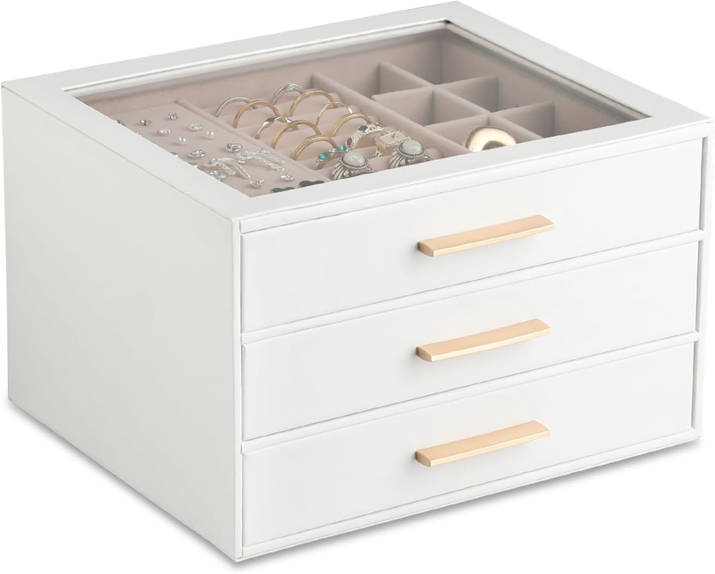 Jewelry Box with Clear Lid,Jewelry Organizer with 3 Drawer,Pu Jewelry Organizers and Storage,Jewelry Boxes for Women,Earring Holder Organizer,Jewelry Storage(White)