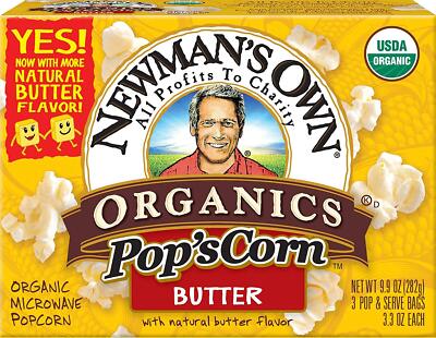 Newman's Own Organics Microwave Popcorn, Butter, 9.9 Ounce
