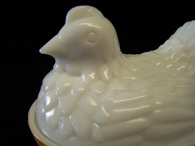 Vintage Avon Milk Glass Hen on Beige Woven Nest, Candy Dish