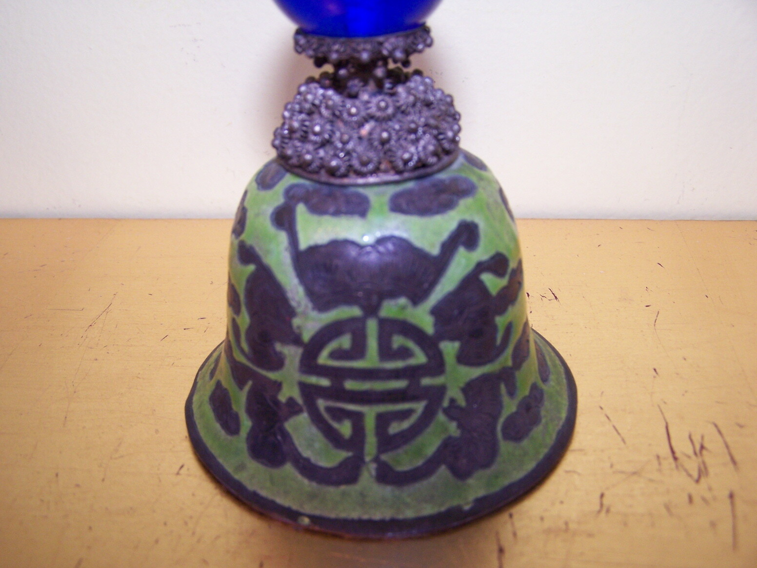 RANK BADGE HAT BUTTON  -Chinese Qing Mandarin GLASS Finial Bell PEKING BLUE