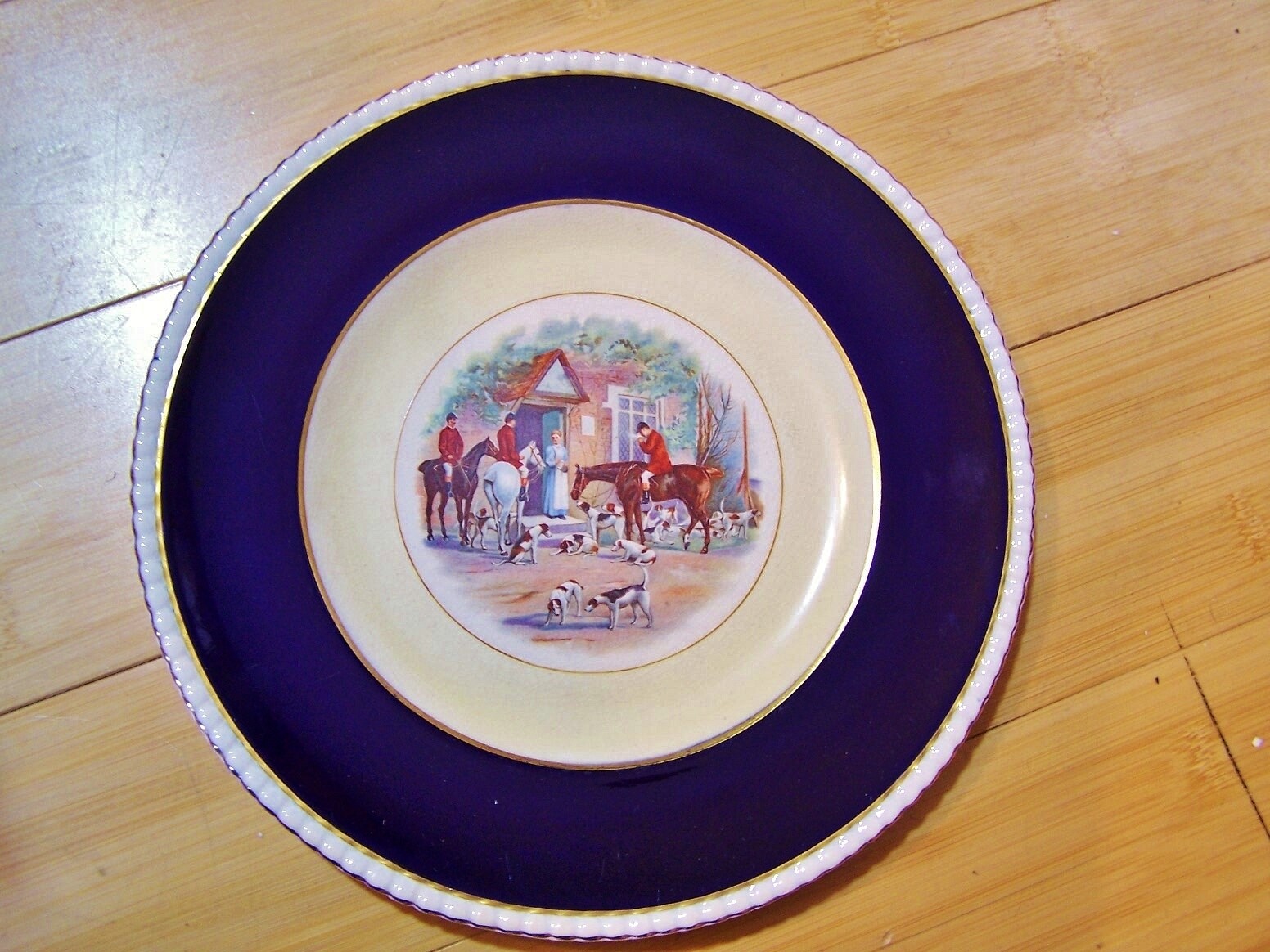 Antique GORHAM Black, Starr & Frost England FOX HUNTING Horses Plate Cobalt Gold
