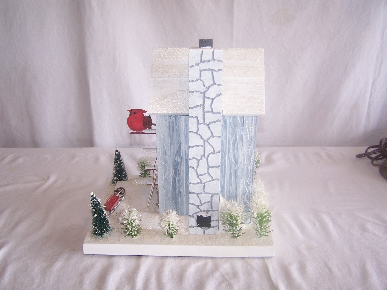 Handmade, Wooden, Decorative Bird House, Winter Setting, Ski's, Sleigh, Nice