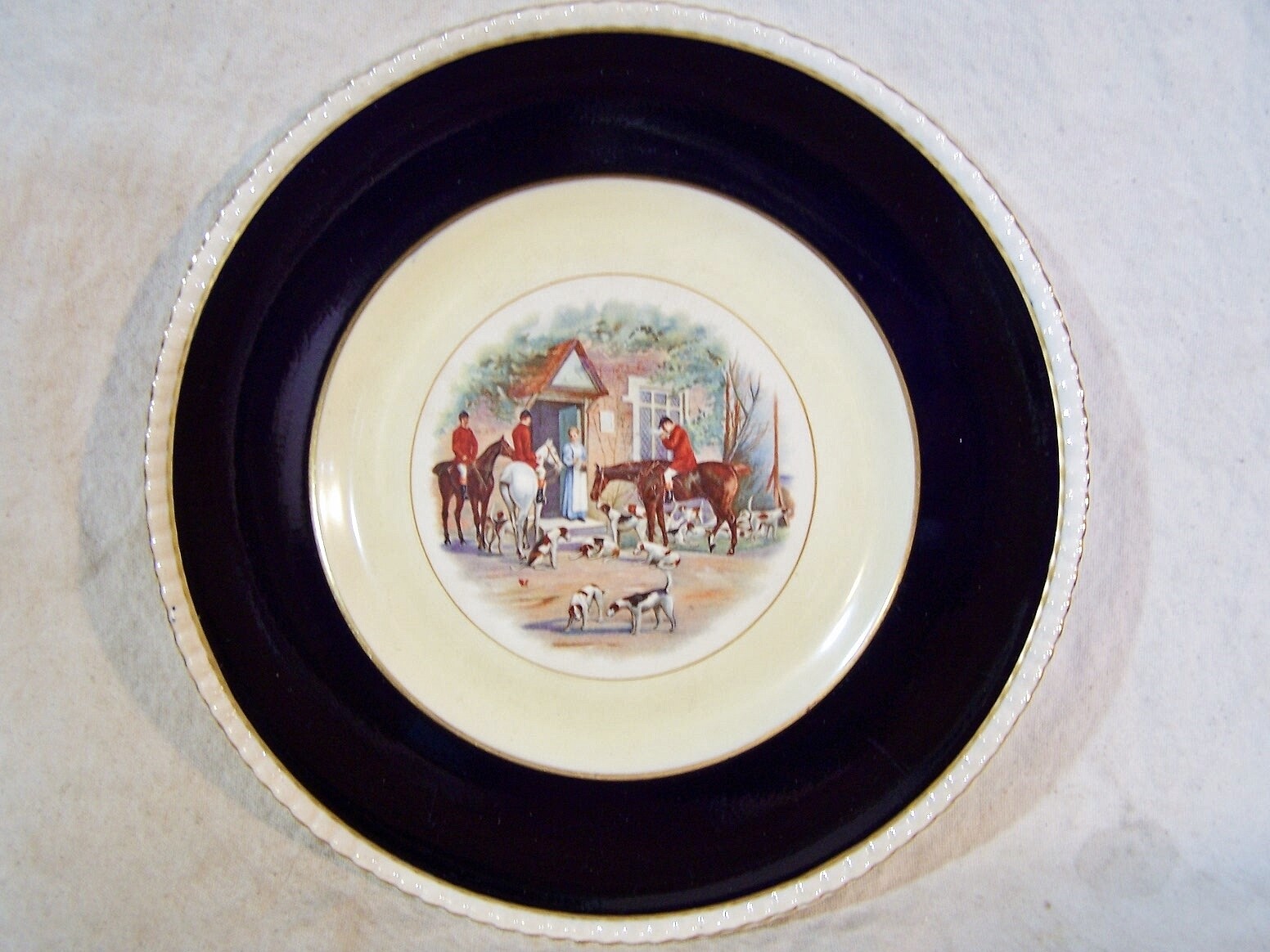 2 Antique GORHAM Black, Starr & Frost England FOX HUNT Horses Plates Cobalt Gold