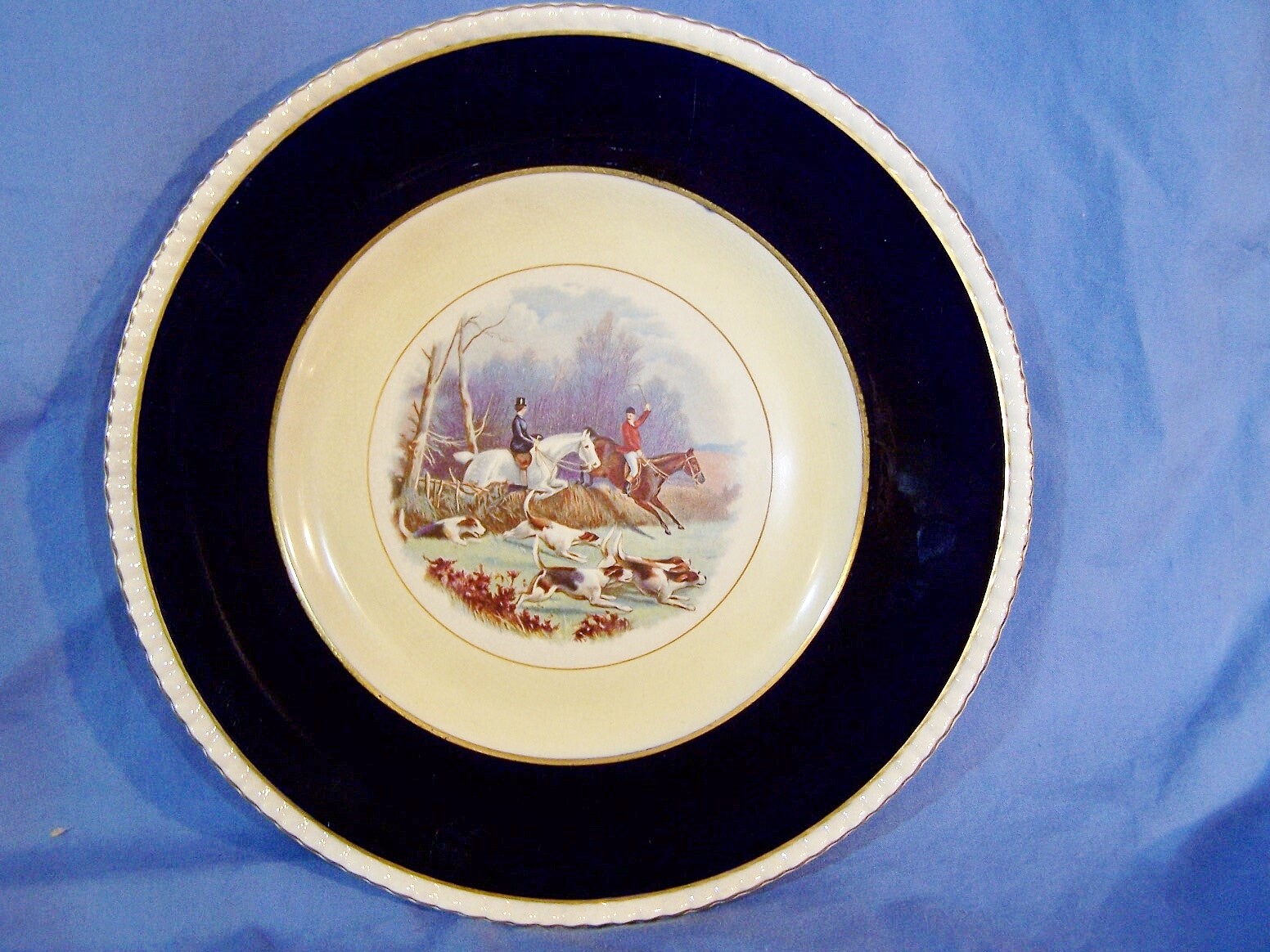2 Antique GORHAM Black Starr & Frost England FOX HUNT Horse Plates Cobalt Gold f