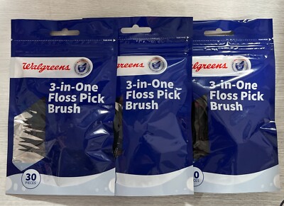 Walgreens 3-in-one Floss Pick Brush, 3 Bags Of 30 Pieces Each, 90 Pieces Total