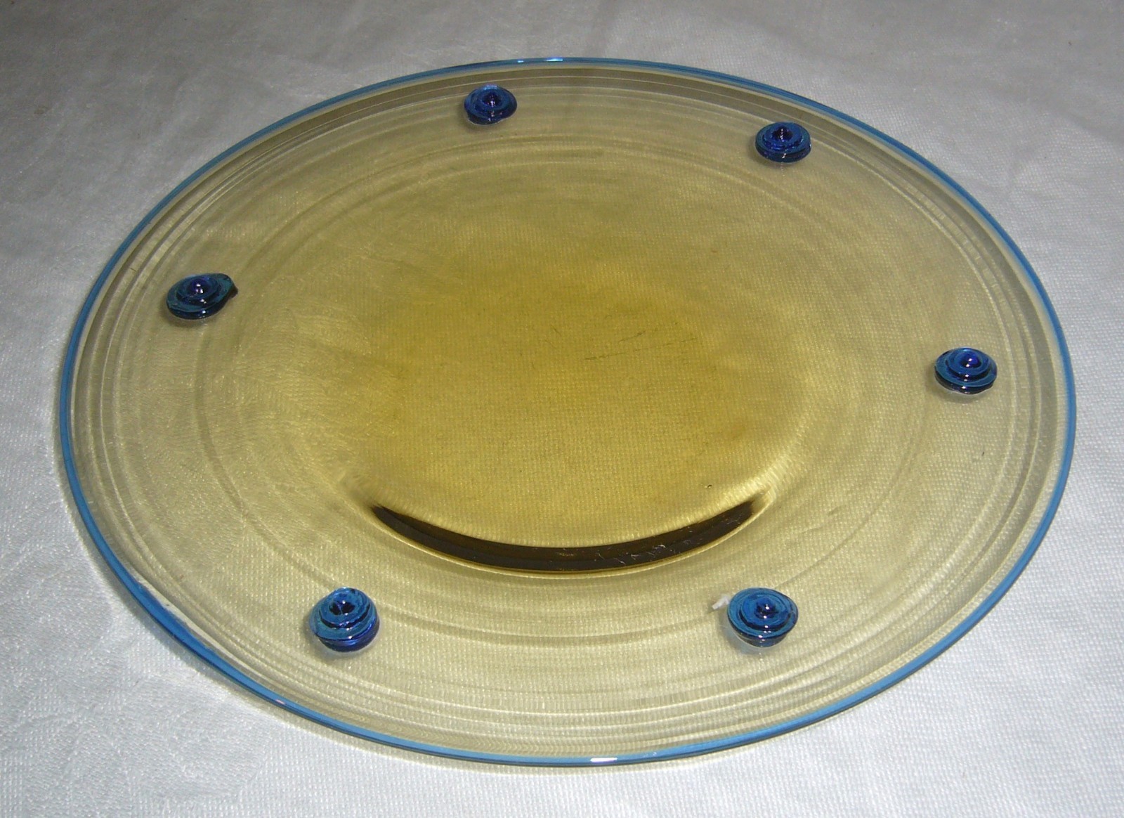 ANTIQUE RARE STEUBEN 3120 BLUE PRUNTS & LIP WRAP AMBER FINGER BOWL & UNDERPLATE