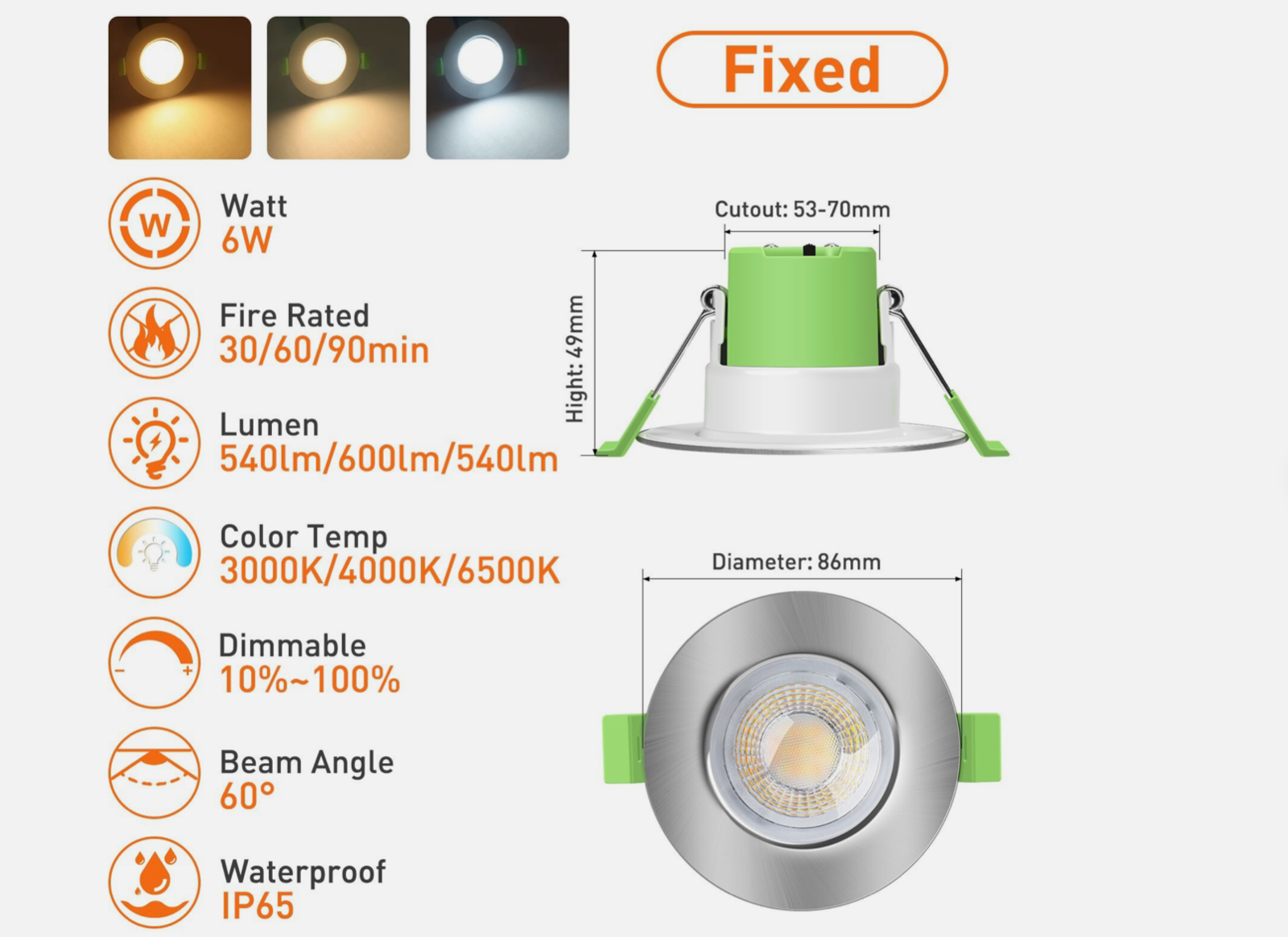 6x ALUSOO LED 6W IP65 Dimmable Bathrooms Fire Rated Warm/Cool Ceiling Down Light