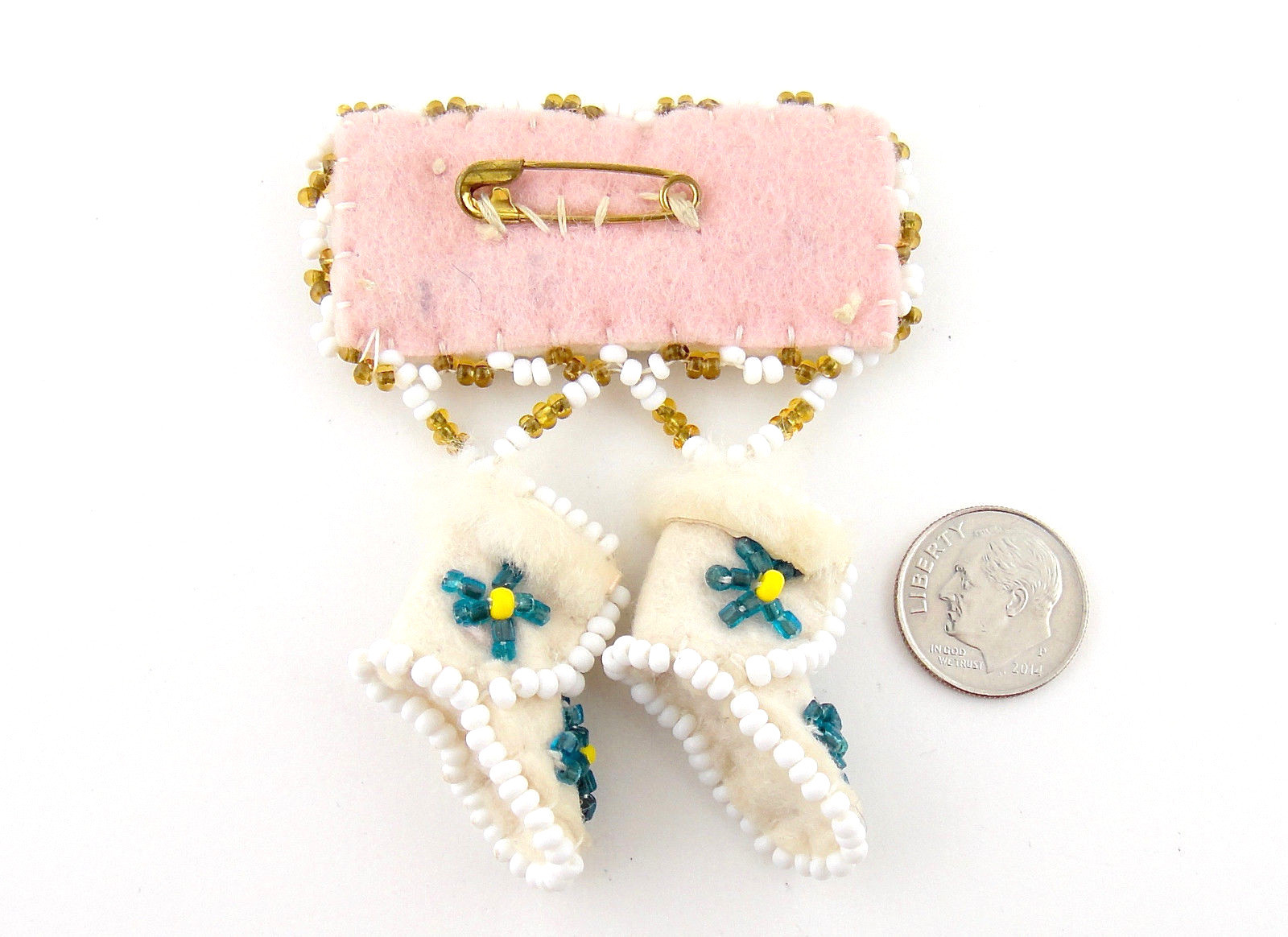 Vintage Seed Bead on Felt Moccasins Brooch Pin