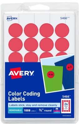 Color Coded Labels Red Avery 05466 Self-Adhesive 0.75'' 1008 Labels NEW