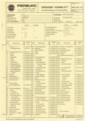 Einstelldaten Datenblatt Ersatzteilliste Solex 4A1 Vergaser - BMW 520 - 1268349