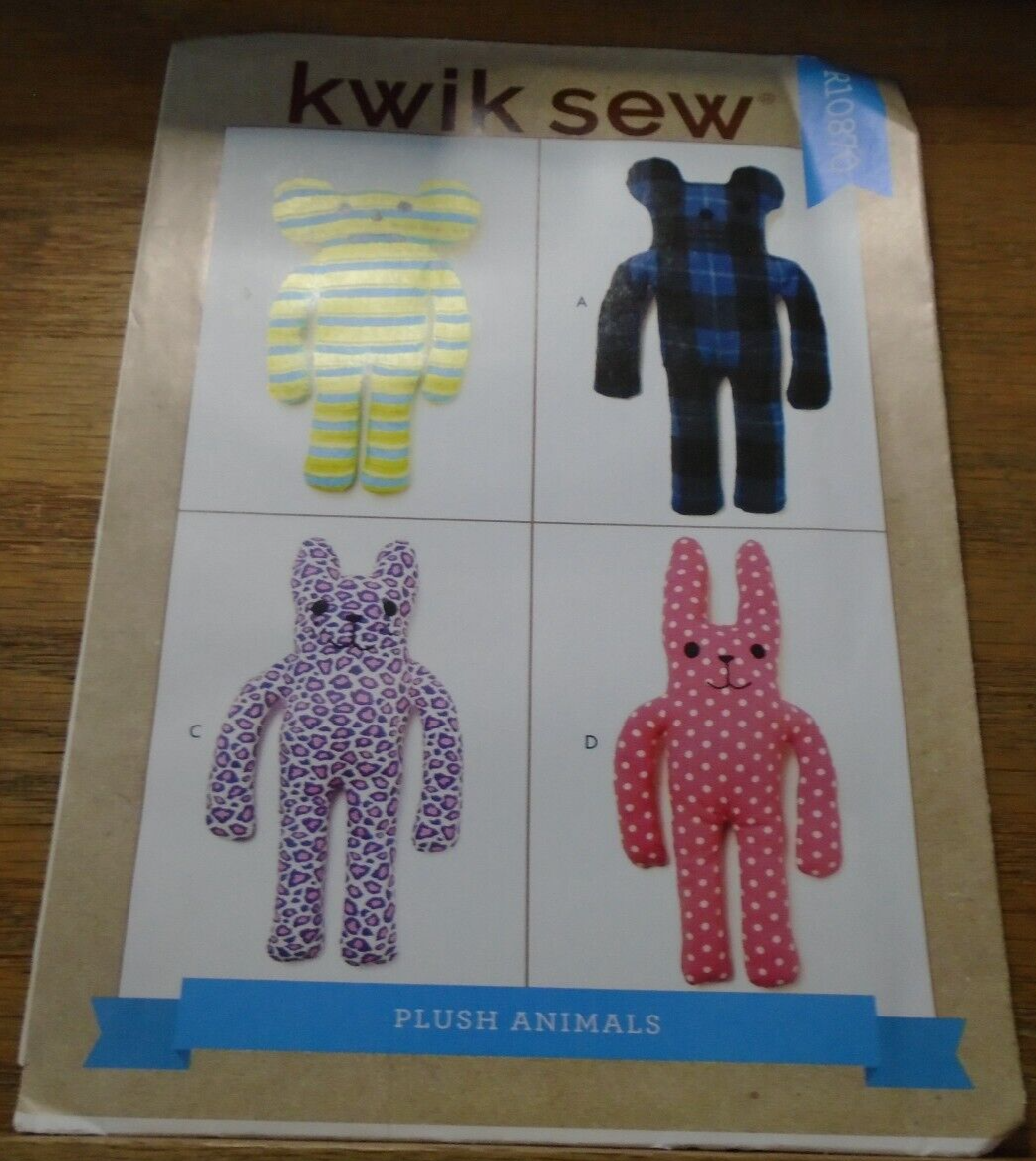 Kwik Sew Stuffed Animal Pattern R10870 NOS Bear Monkey Cat Bunny