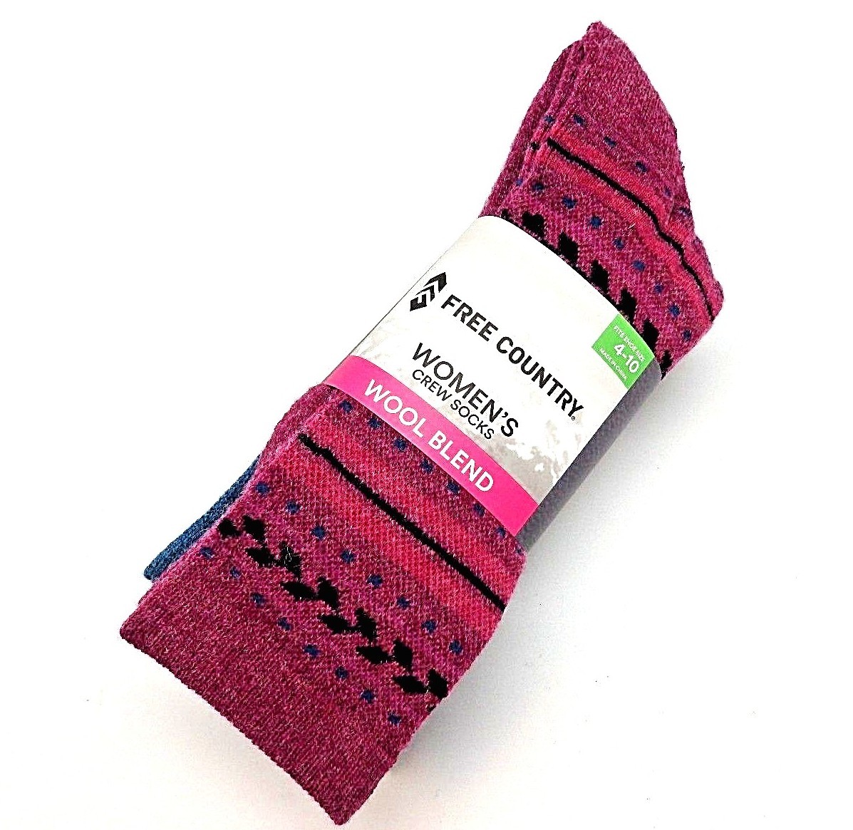 Free Country Women's Wool Blend Crew Socks Berry Stripe 4 Pack