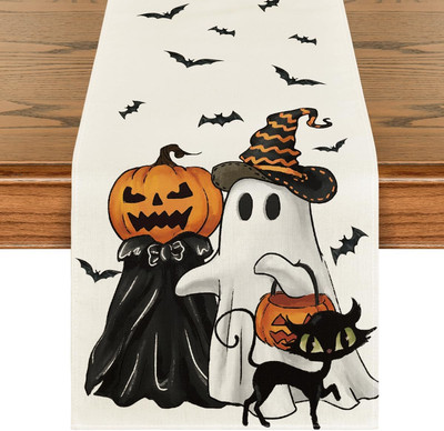 Ghost Spooky Jack-O'-Lantern Pumpkin Halloween Table Runner, Black Cat Kitchen D