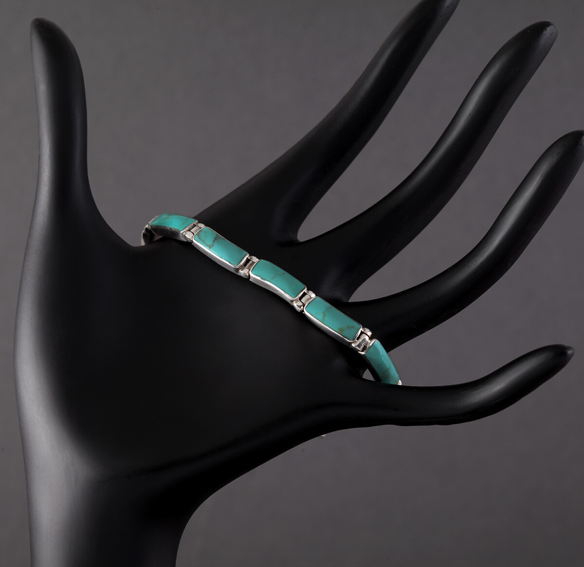 VINTAGE MEXICO LINK BRACELET MEXICAN 950 FINE STERLING SILVER TURQUOISE JEWELRY