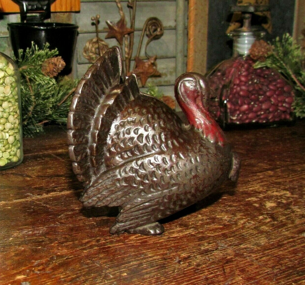 Original Antique Vtg A C Williams Cast Iron Large Turkey Red Still Penny Bank