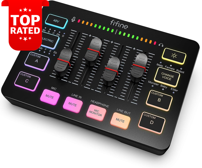 Gaming Audio Mixer RGB XLR Microphone Interface Volume Control 48V Phantom Power
