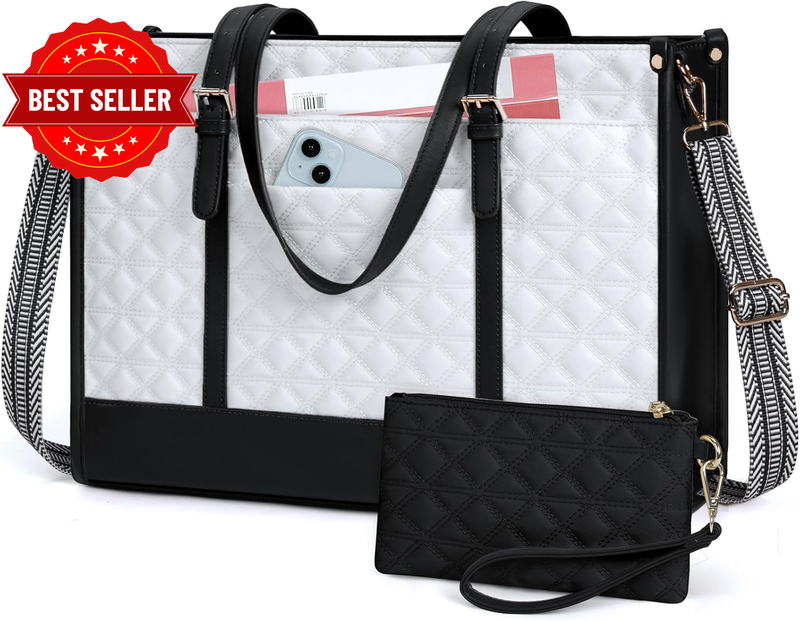 Laptop Bag for Women 15.6 Inch Vegan PU Leather Work Tote Bag Designer Quilted W