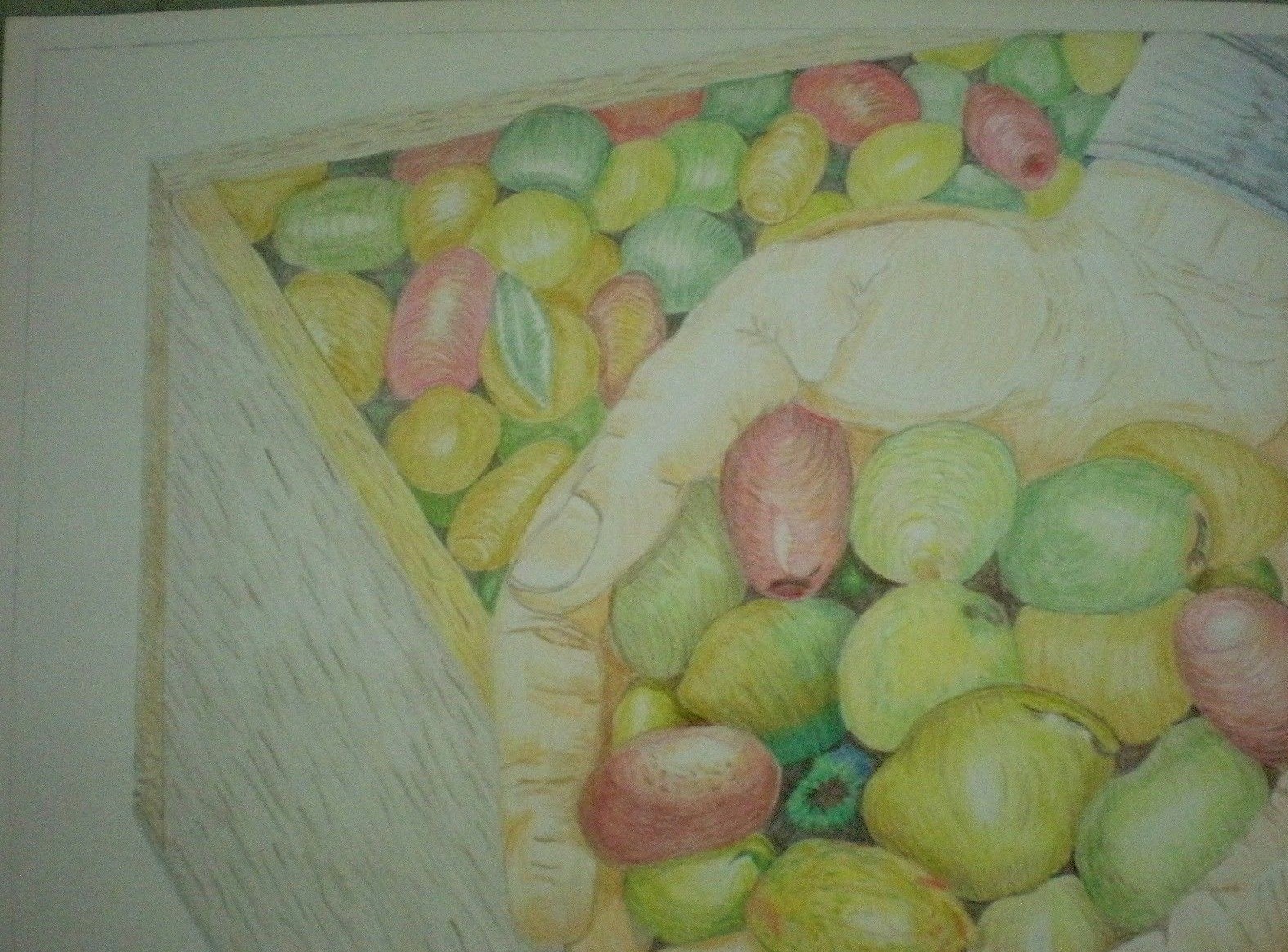 Original Artist Rendering of Handful of Olives With Wooden Crate