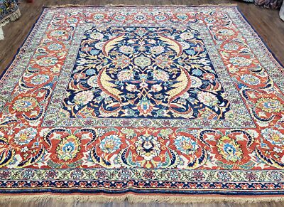 Large Square Turkish Mahal Rug 8 x 8.5 Colorful Carpet Blue