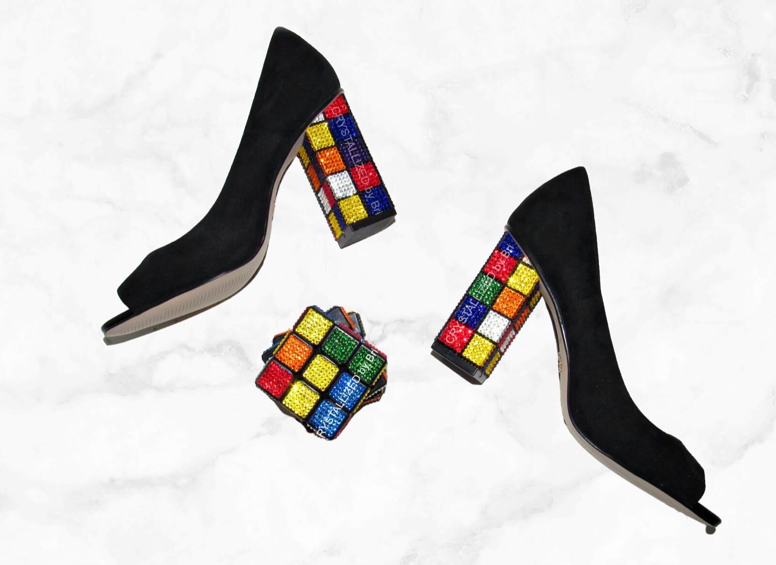 Pre-owned Katy Perry Bling  Heels Caitlin Austrian Crystal Rubik's Cube Bedazzled Custom In Black