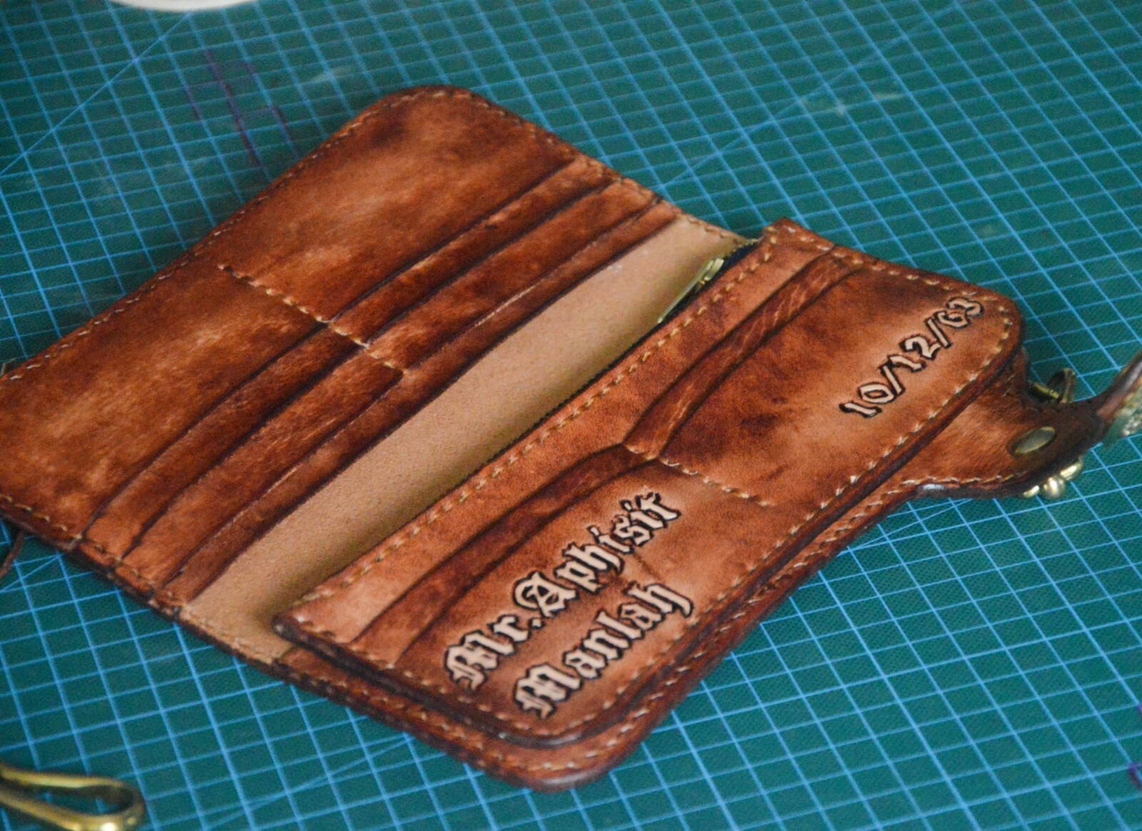 Pre-owned Handmade Custom Leather Biker Wallet Chain Robot Carved Wallet Personalized Gift X35 In Brown