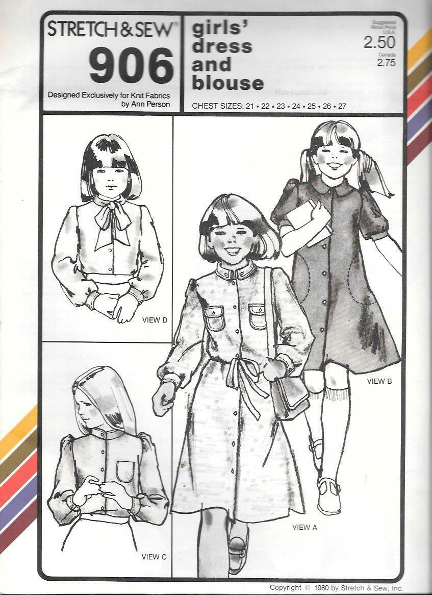 Vintage Stretch & Sew #906 Girls' Dress & Blouse - Chest 21-27...