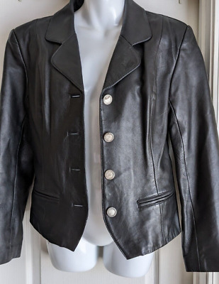 Vintage Bagatelle Black Genuine Leather Blazer Jacket Button Down Sz 8 Small