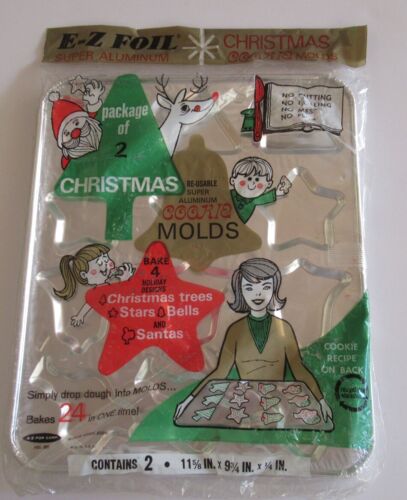 Vintage CHRISTMAS E-Z Foil Super Aluminum Cookie Molds 2 Sheets Sealed Package 