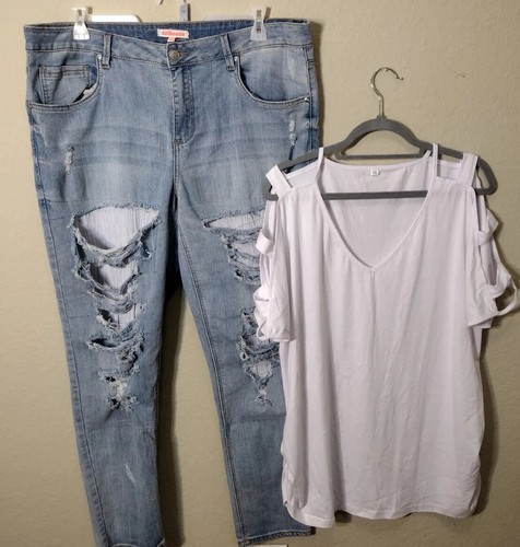 Straight Leg Open Shoulder White Top Xxl