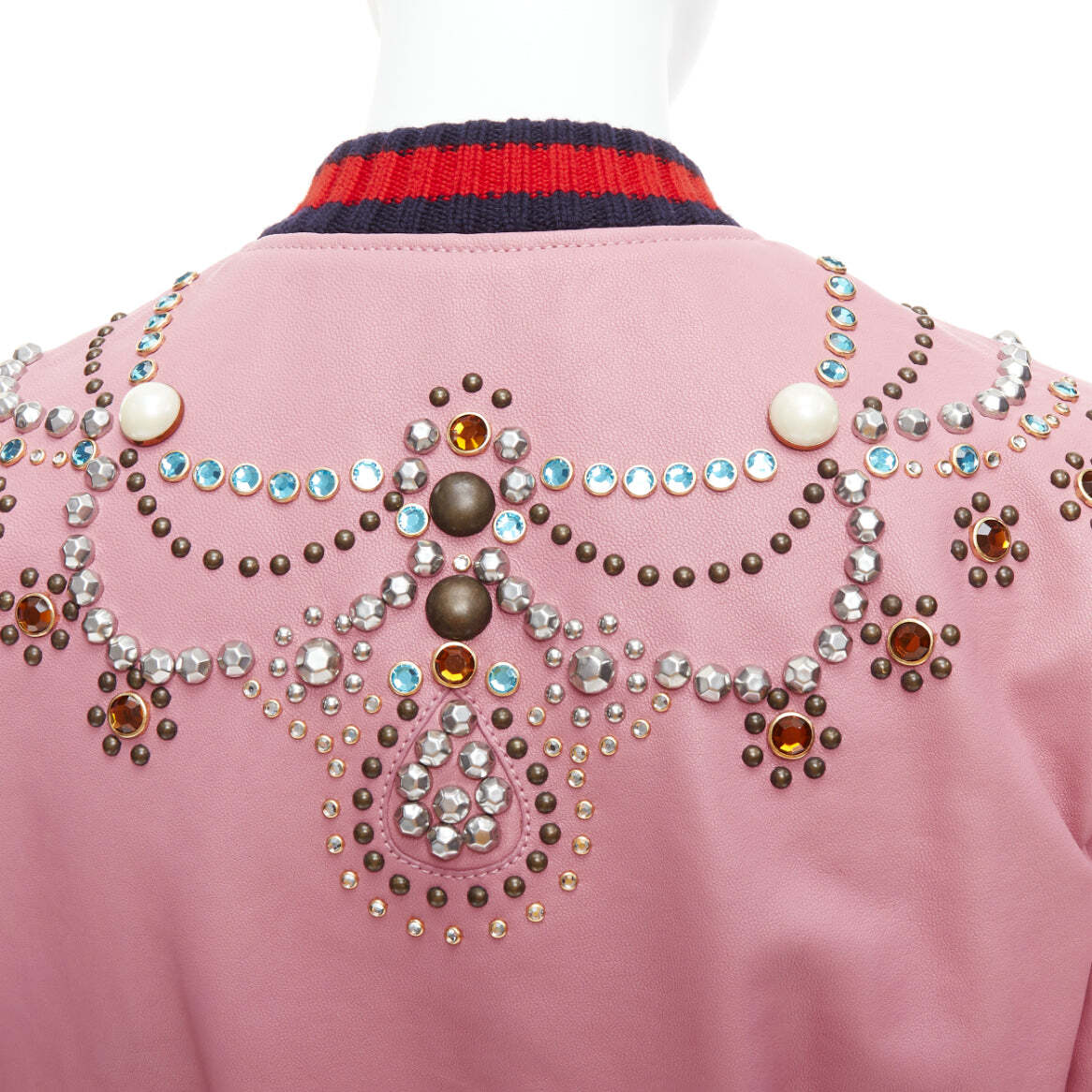 GUCCI pink lambskin pearl embellished web trim crop bomber