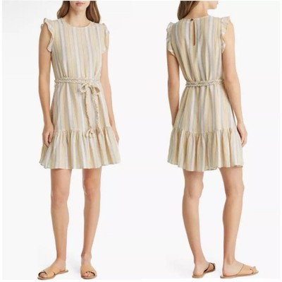 NWT $128 Small MARINE LAYER Linen Dress Pastel Stripe Beachy Tiered Ruffle Mini