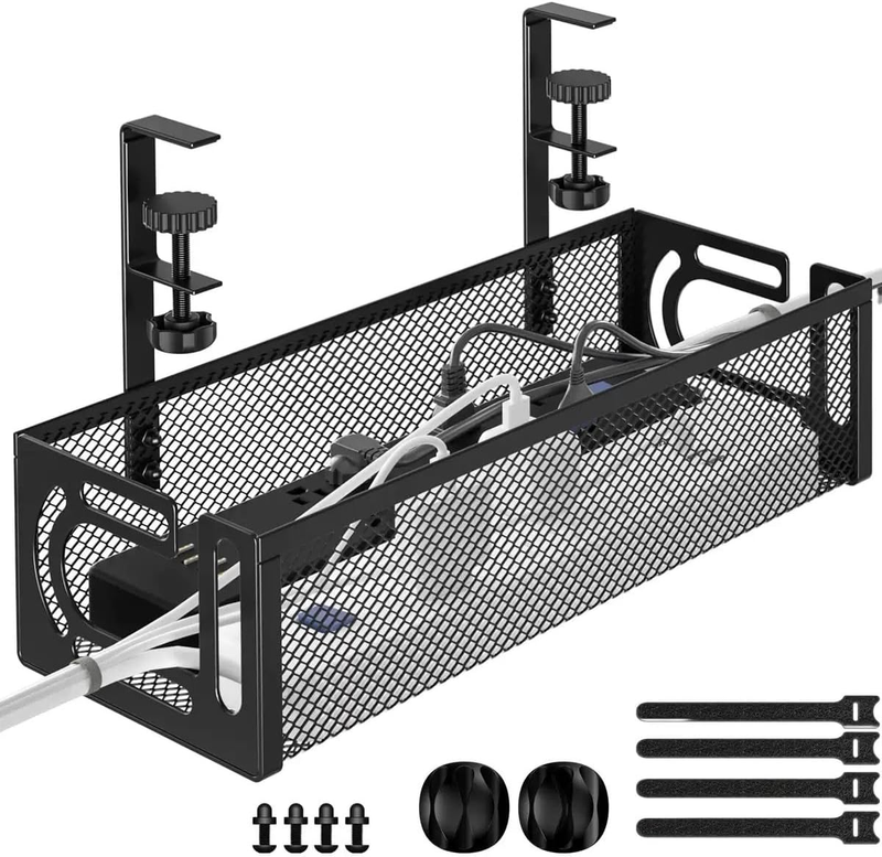 Under Desk Cable Management Tray, No Drill, Metal Mesh Cable Organizer with Clam