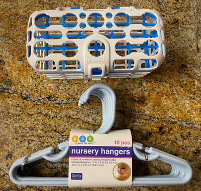 Nursery Hangers 10Pcs (Blue-New) and Used Munchkin Baby Bottle Dishwasher Basket
