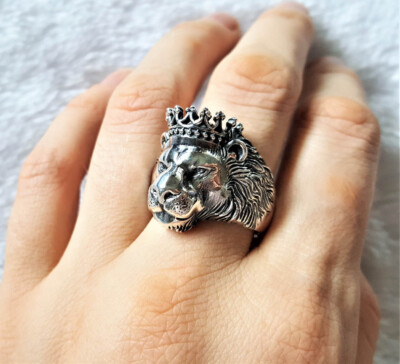 Lion Ring 925 STERLING SILVER Crowned LION Head Crown Royal